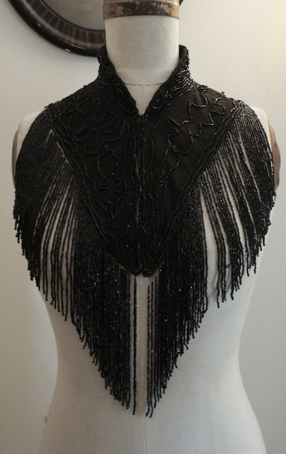 1880's Black Glass Beaded Shoulder Cape with Fring