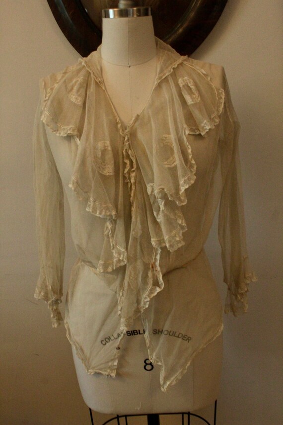 1910's Long Sleeved Net Shirtwaist Blouse with Ru… - image 2