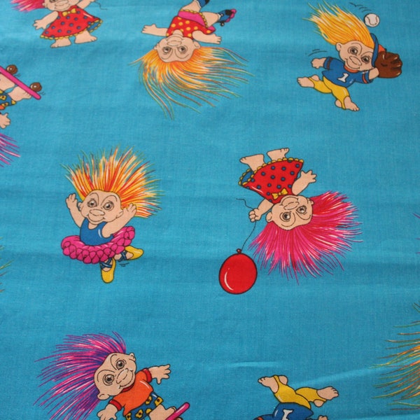 Vintage Blue California Trolls Fabric 1990s Marcus Brothers Troll Doll Novelty Polished Cotton