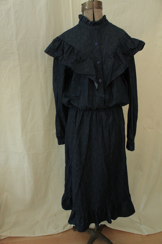 1970s Sylvan Denim Dress with Shoulder Ruffle