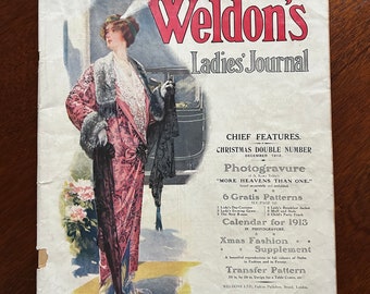 Journal des dames de l'époque du Titanic de 1912, Weldon, magazine de Noël double numéro, plaques de mode, publicité vintage, magazine d'antiquités