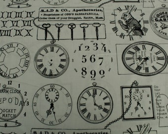 J Wecker Frisch for Riley Blake Mad Masquerade Alice in Wonderland White Retro Victorian Steam Punk Print Quilting Cotton Fabric