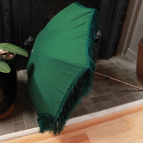 Recovered Early Victorian Carriage Style Green Cotton Fringe Trimmed Cane Parasol