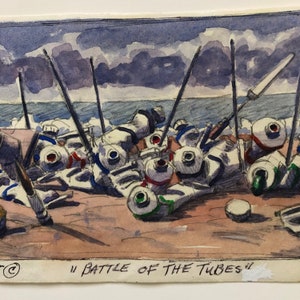 Small Watercolor Landscape Painting on paper titled Battle of the Tubes, signed and dated 95 image 9