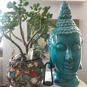Large Vintage Turquise Blue Crackle Glazed Ceramic Buddha Head, 17 inches high, interior design, film prop