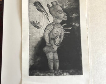 Vintage Etching Print of African Voodoo Figure with Feathers on BFK Rives Paper, France, 15 in W x 22 in H, signed by Janet Anderson