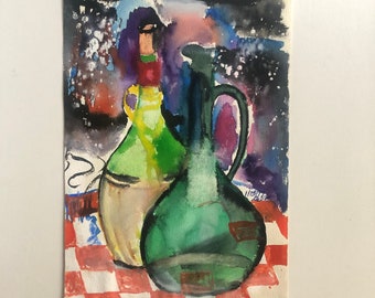 Vintage Colorful Original Still Life Watercolor Painting of Wine Bottles on Paper signed and dated by Devoe, 1/15/99