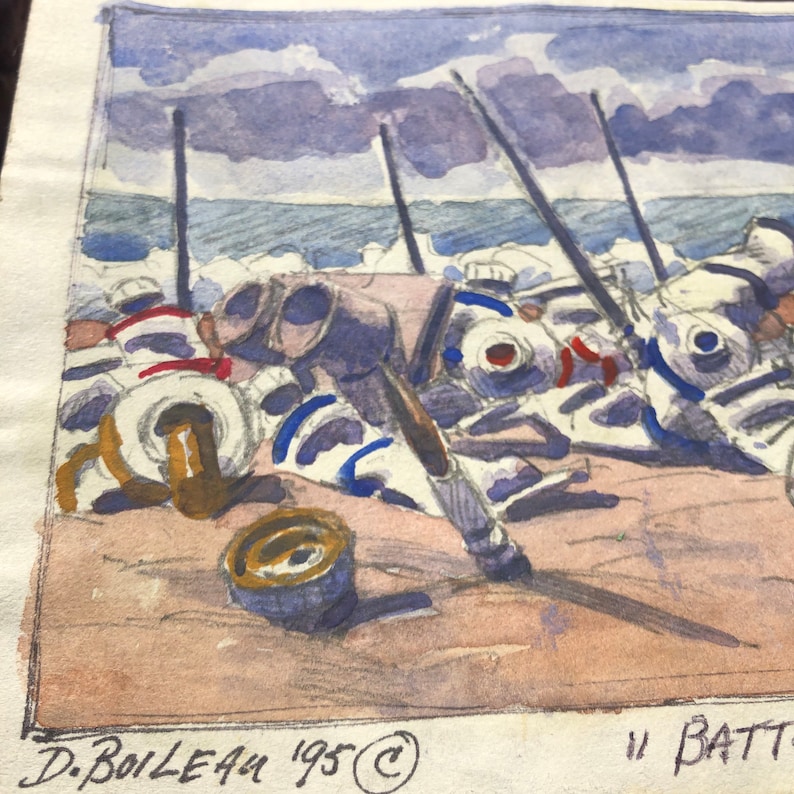 Small Watercolor Landscape Painting on paper titled Battle of the Tubes, signed and dated 95 image 2