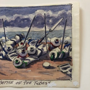 Small Watercolor Landscape Painting on paper titled Battle of the Tubes, signed and dated 95 image 6