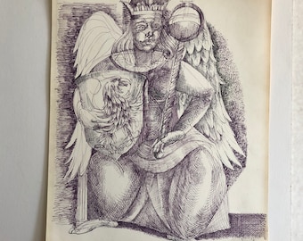 Vintage Mid Century Original Artwork, Pen and Ink Illustration of a Winged King Sitting on His Throne,by Henry C Meyer, 13.5 in W x 17 in H.
