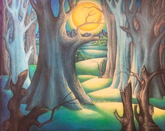 Paisaje vintage Pintura al óleo de luna y árboles por Floria Liceica, tamaño 24 en x 20 en