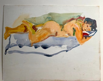 Desnudo reclinado figurativo vintage, acrílico firmado y pintura guache de un artista de Nueva York, 1996, regalo LGBTQ