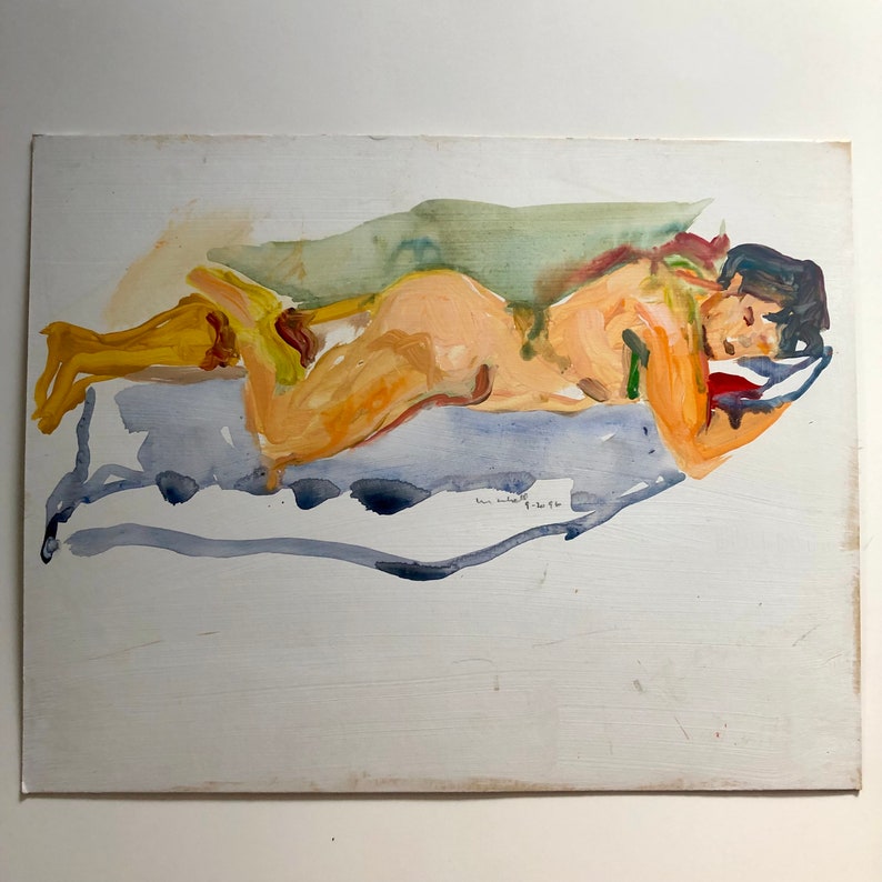 Vintage Figurative Reclining Nude, Signed Acrylic and Guache Painting by New York Artist, 1996, LGBTQ gift image 1