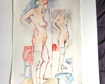 Vintage Figurative Nude Reflected in a Mirror, Watercolor Painting on heavy Rives French paper, signed and dated 2003, LGBTQ gift