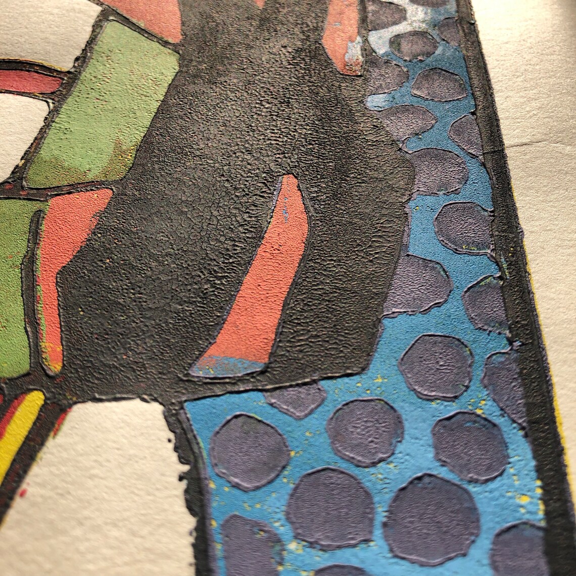 Colorful Abstract Textured Linocut Print, Signed and Dated, Edition 9/ ...