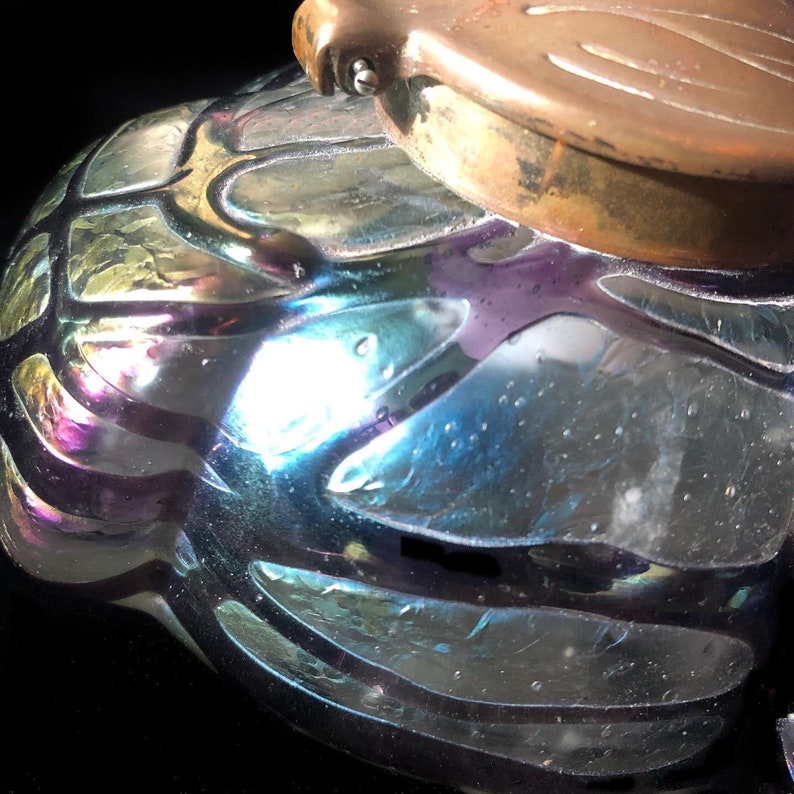 Antique Kralik Art Nouveau Iridescent glass inkwell, with white glass ink holder, stamped initials and numbers on brass leaf design lid image 2