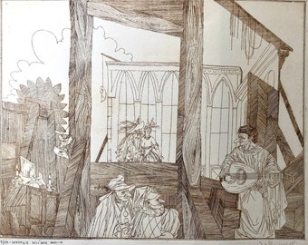 Large Vintage Etching titled Comedie Dell Arte, signed limited edition, XXXI-A, on Arches French paper, 25.5” W x 19.5” H