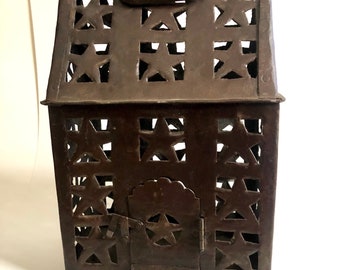 Folk Art Decorative Star House Tin Metal Lantern Candleholder with Door