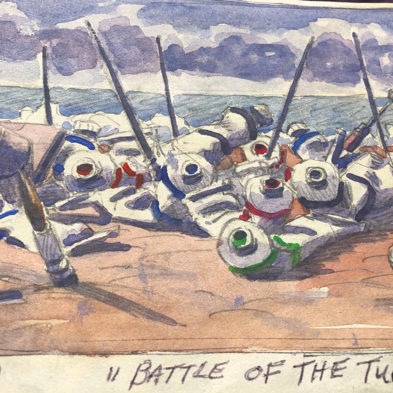 Small Watercolor Landscape Painting on paper titled Battle of the Tubes, signed and dated 95 image 7