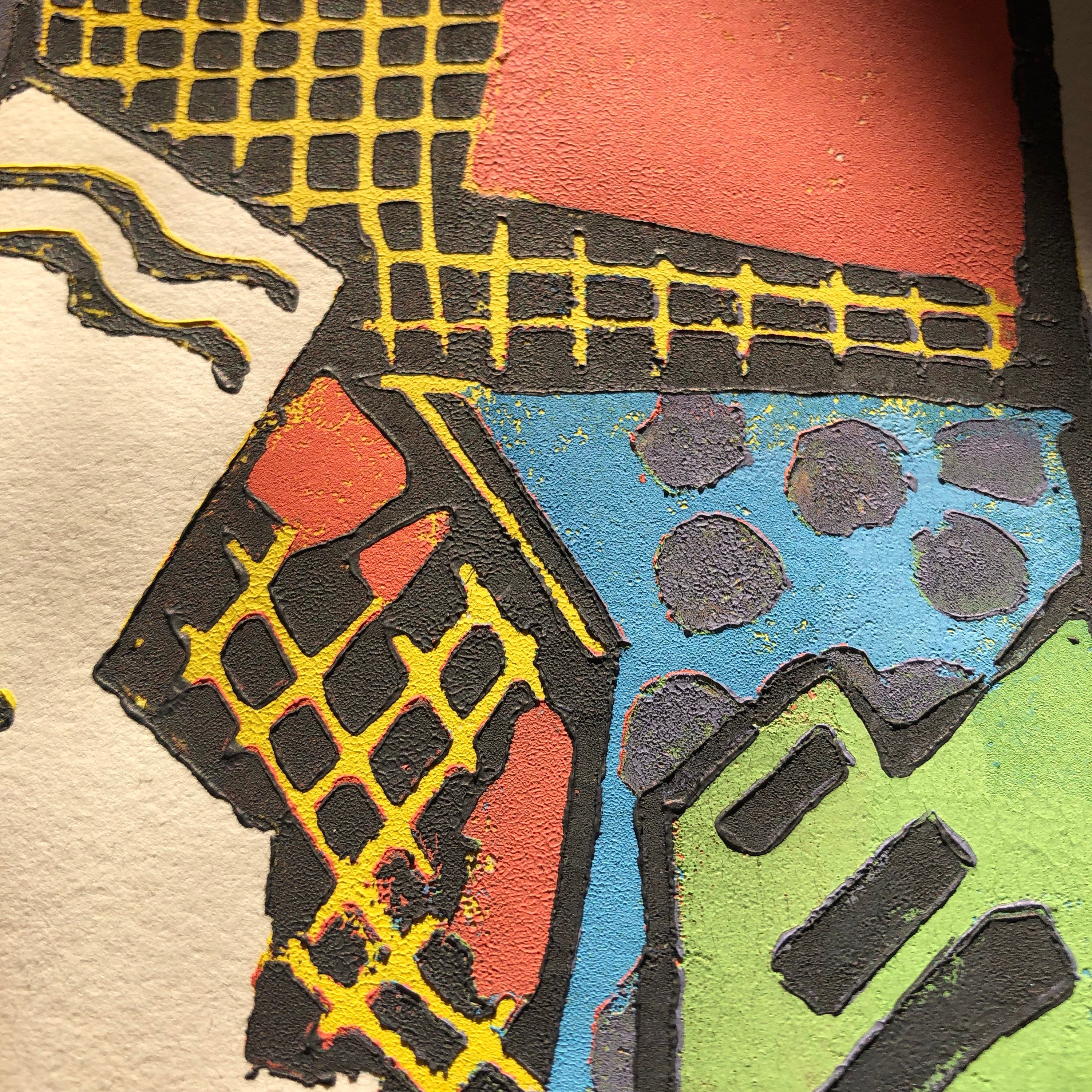 Colorful Abstract Textured Linocut Print, Signed and Dated, Edition 9/ ...