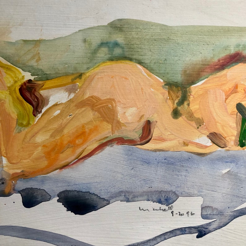 Vintage Figurative Reclining Nude, Signed Acrylic and Guache Painting by New York Artist, 1996, LGBTQ gift image 3