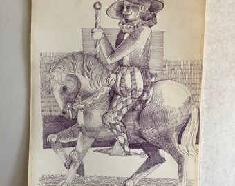 Vintage Original Artwork, Pen and Ink Drawing of Don Quixote on Horseback, by Henry C Meyer, mid century, 13.5 in W x 17 in H