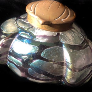 Antique Kralik Art Nouveau Iridescent glass inkwell, with white glass ink holder, stamped initials and numbers on brass leaf design lid image 1