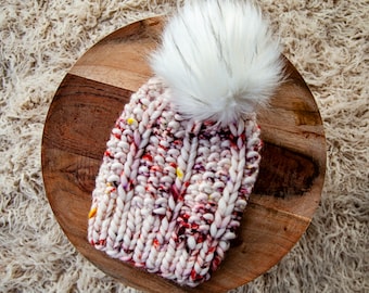 Cappello a maglia di lusso, Berretto Hale, Berretto pom in pelliccia sintetica, Cappello a maglia grossa, Cappello fatto a mano, Cappello a maglia, Berretto in lana, Cappello a maglia da donna