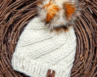 Knit Baby Hat, 6-12 months, Hat with Pom, Chunky Knit Baby Beanie, Baby Shower Gift