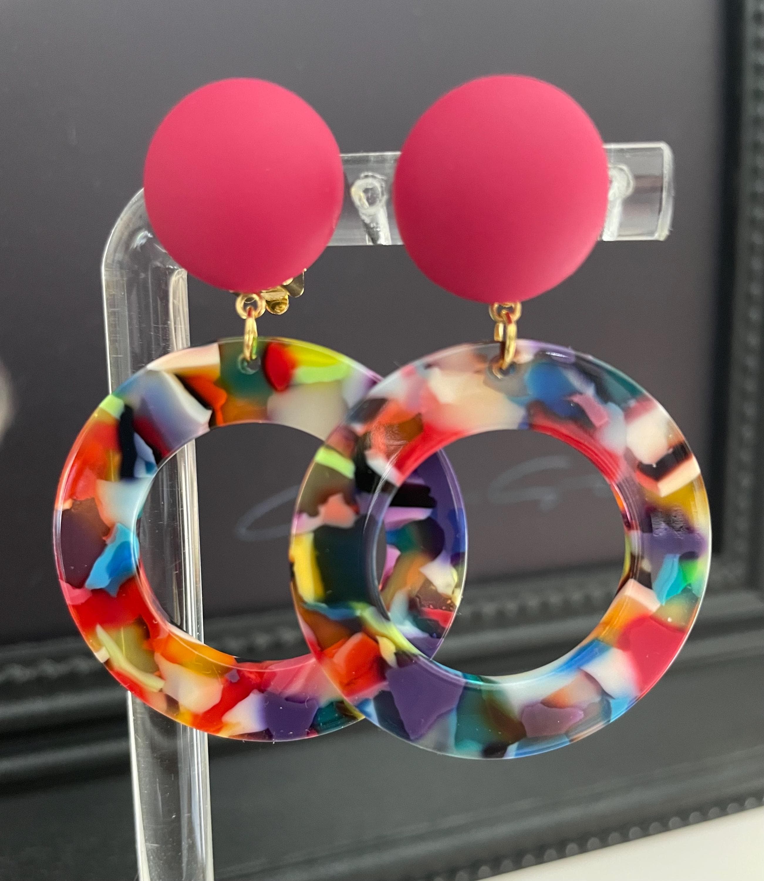 Boucles D'Oreilles Clips Vintage - Mappemonde En Résine Et Métal - Mode Rétro