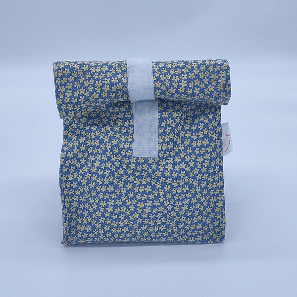 Lunch bag/sac à goûter coton bleu et moutarde et toile cirée bleue et moutarde