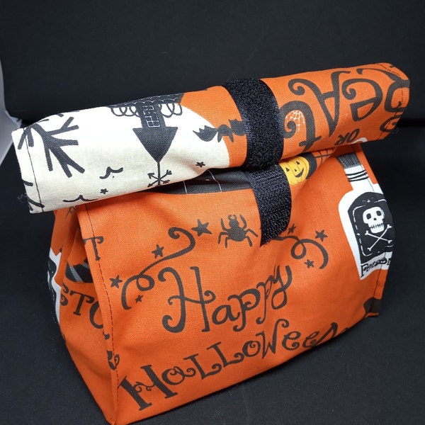 Lunch bag/sac à goûter coton orange Halloween et toile cirée noire et orange ananas