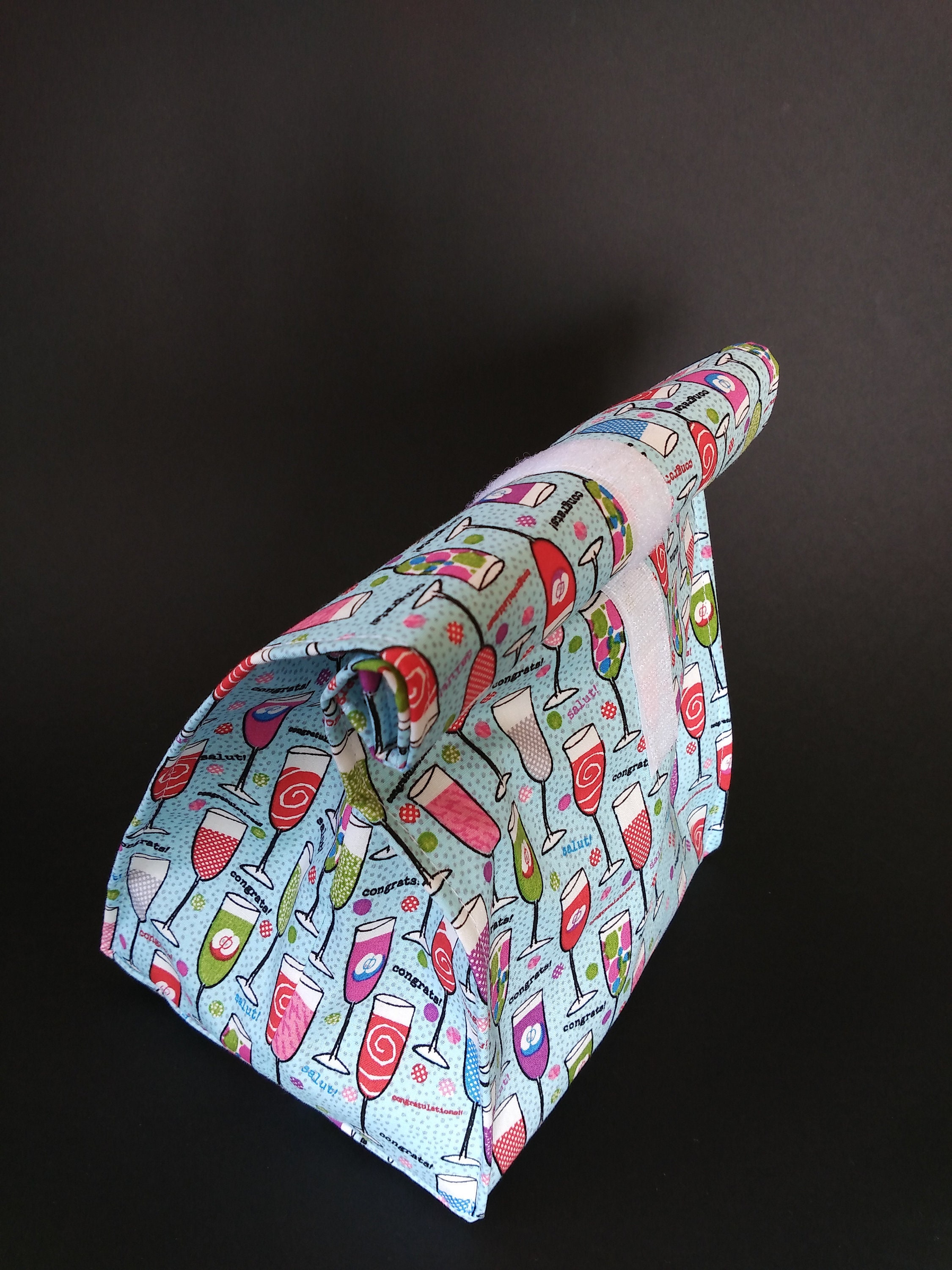 Lunch Bag/Sac à Goûter Coton Motifs Coupes de Champagne et Toile Cirée Turquoise Paillettes