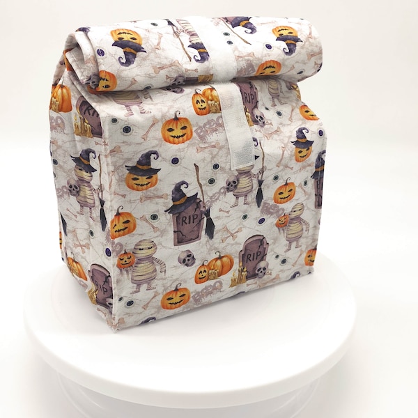 Lunch bag/sac à goûter coton blanc motifs Halloween et toile cirée moutarde Frais de ports gratuits