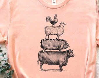 Stacked Farm Animals, Farm Life, Ranch shirt, Chicken, Sheep, Pig,Cow, Short-Sleeve T-Shirt