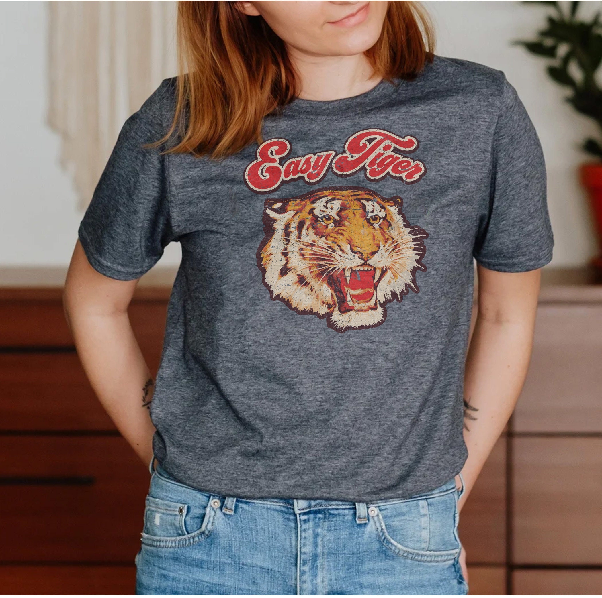 Easy Tiger Shirt, Summer Pocket Print Shirt, Graphic T Shirt Unisex Crew