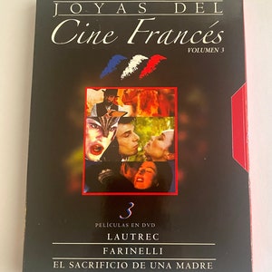 Puede incluir: Un estuche de DVD con tres películas francesas: Lautrec, Farinelli y El Sacrificio de una Madre. La caja es negra con detalles rojos y presenta un collage de imágenes de las películas.