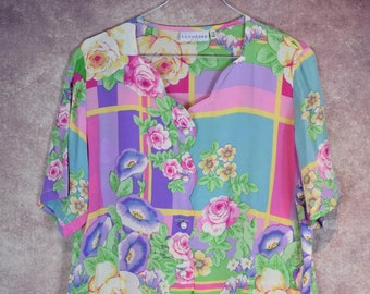 B_051) Vintage 80's 100%Silk hermoso pastel foral print primavera + blusa