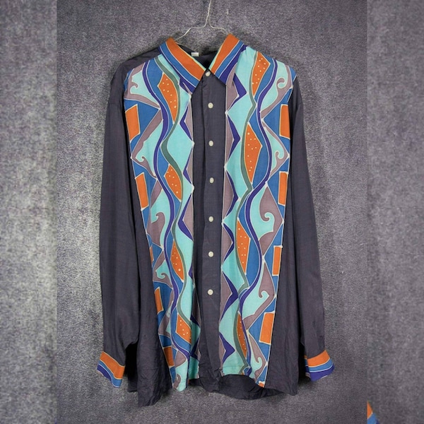 B_005) Vintage 70's mens graphic blueisch/orange blouse