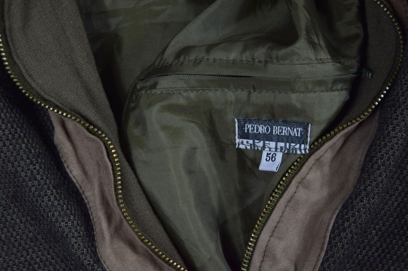 J/_001 Vintage 80/'s army green leather woolen bomber jacket