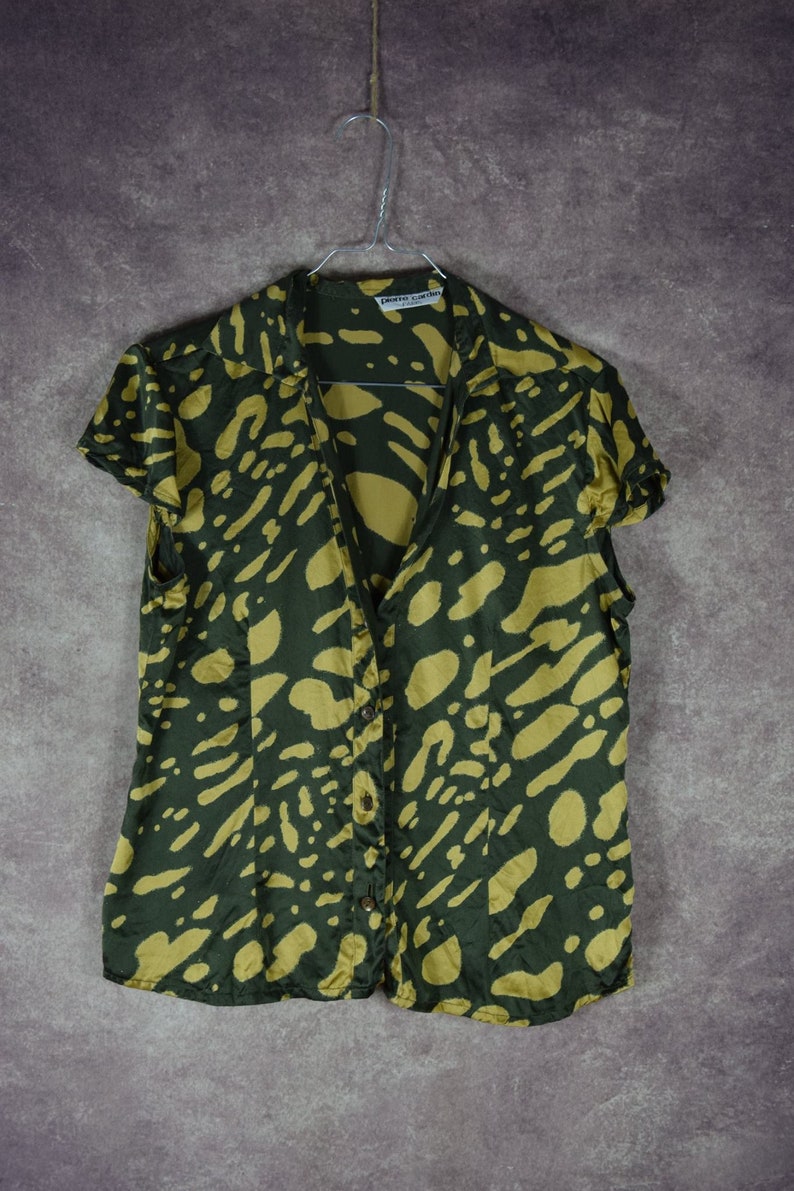 DB_002 Vintage 90's Pierre Cardin design olive green spot printed 100% silk summer blouse image 2