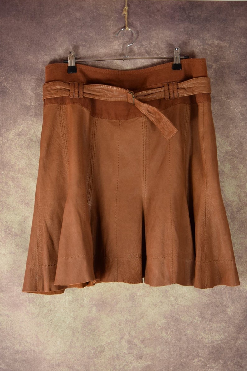 Vintage 80 /'s90 /'s camel brown short leather designer clock skirt S/_023