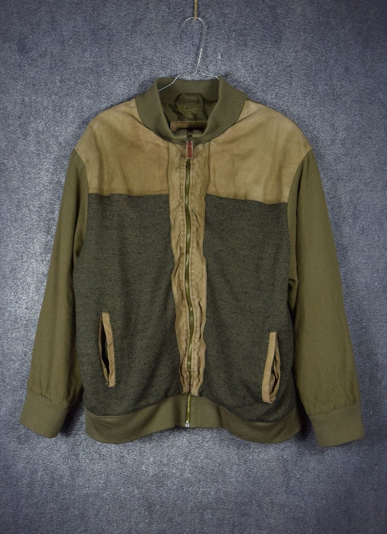 J/_001 Vintage 80/'s army green leather woolen bomber jacket