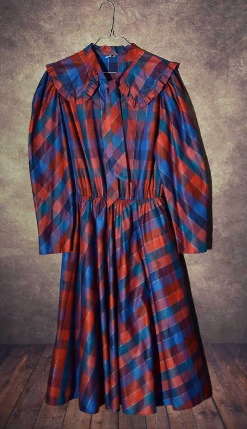 D/_031 Vintage 80 /'s bluered checkerd long sleeved big collar dress