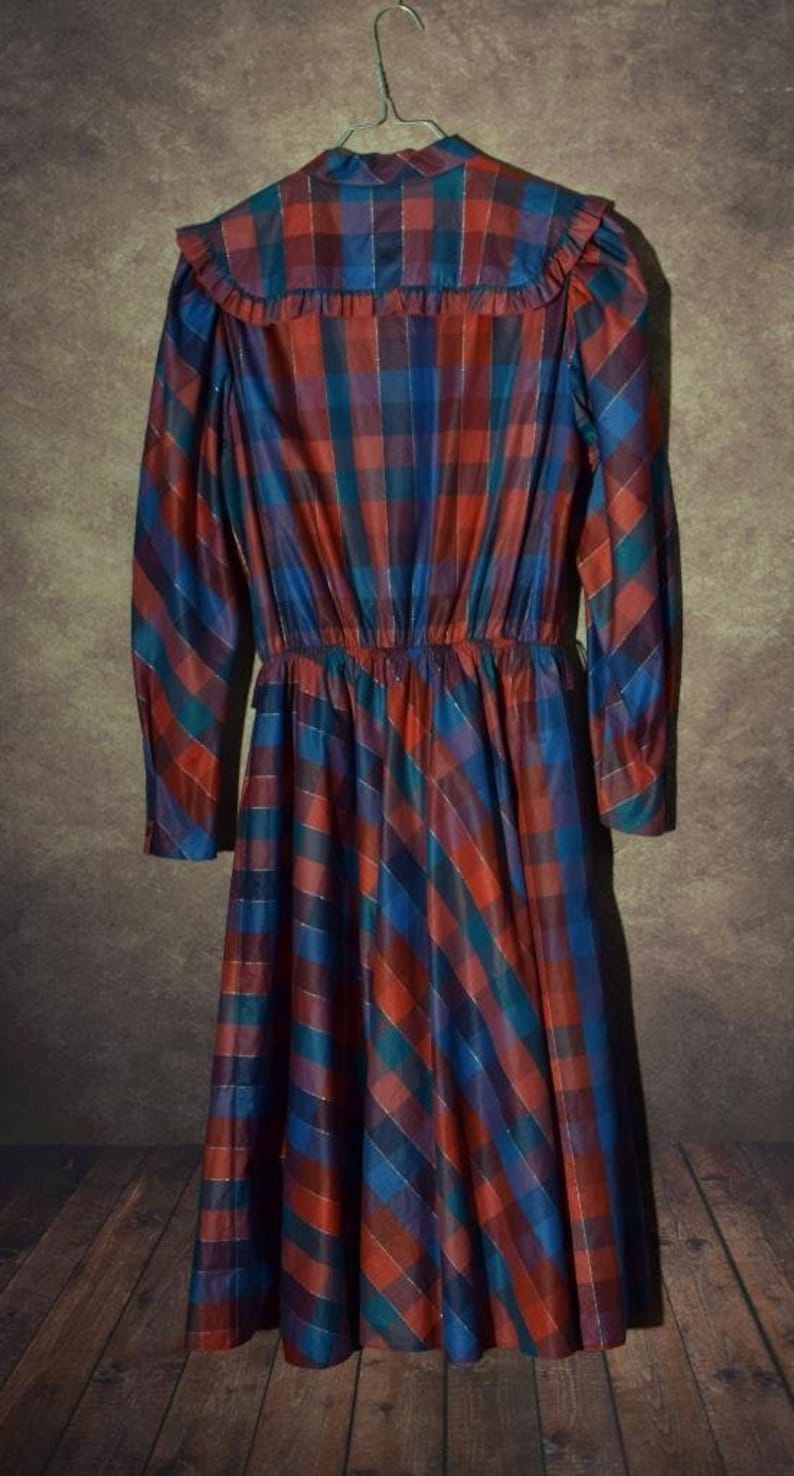 D/_031 Vintage 80 /'s bluered checkerd long sleeved big collar dress