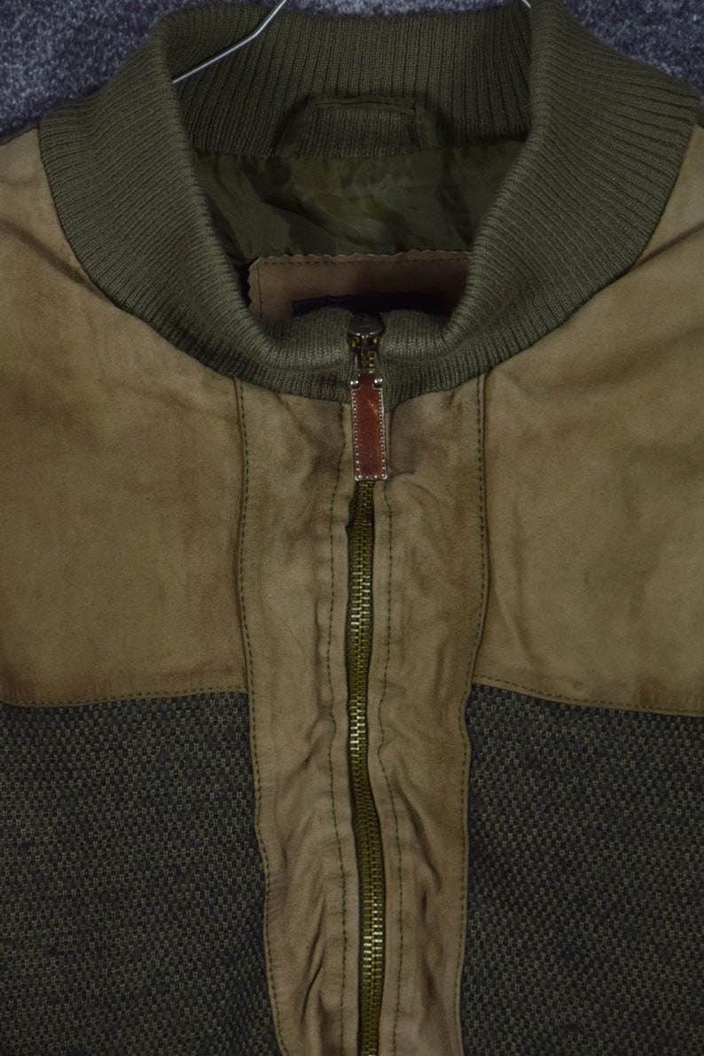 J/_001 Vintage 80/'s army green leather woolen bomber jacket
