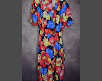 D_037) Vintage 80 's bright foral summer double breasted dress