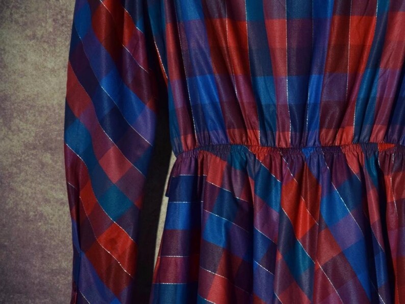 D/_031 Vintage 80 /'s bluered checkerd long sleeved big collar dress
