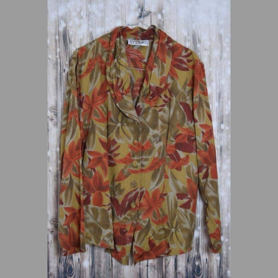 B_021) Vintage 70's olive green/orange forest prin