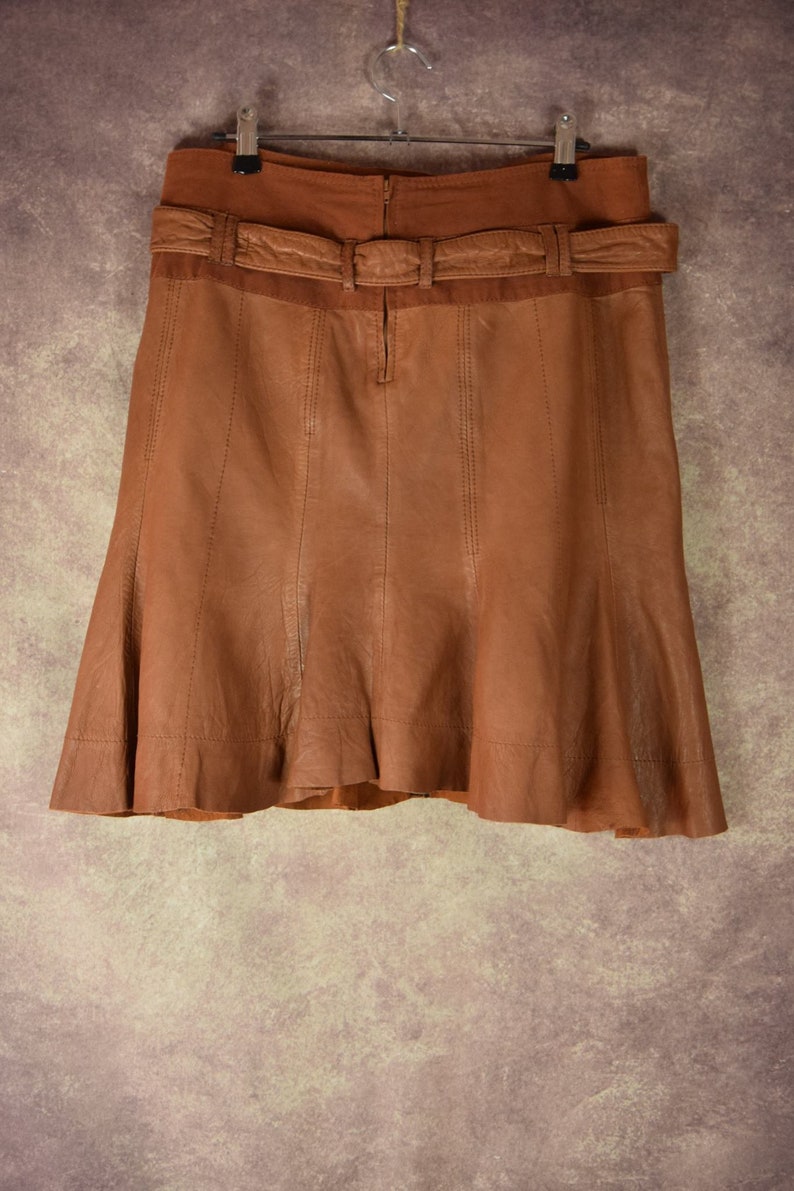 Vintage 80 /'s90 /'s camel brown short leather designer clock skirt S/_023